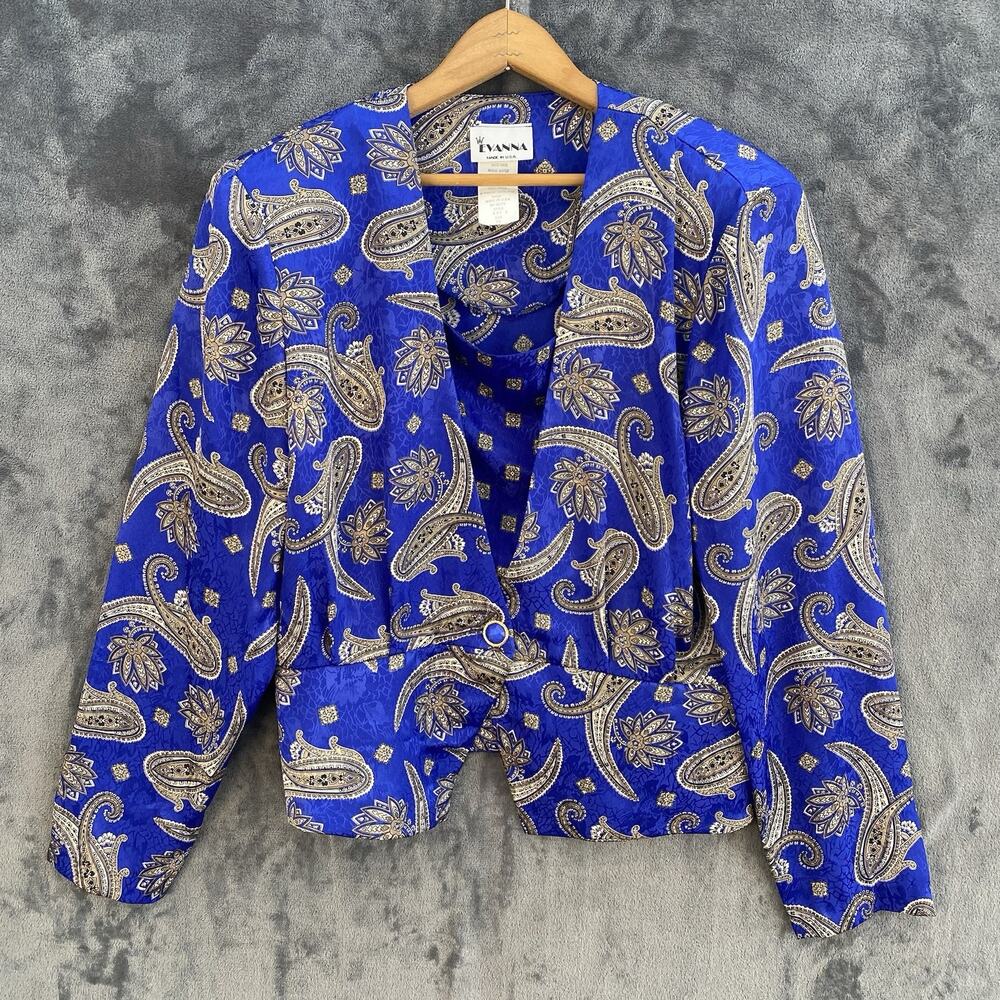 Evanna vintage blue paisley blouse size 16, 80's EUC shoulder pads